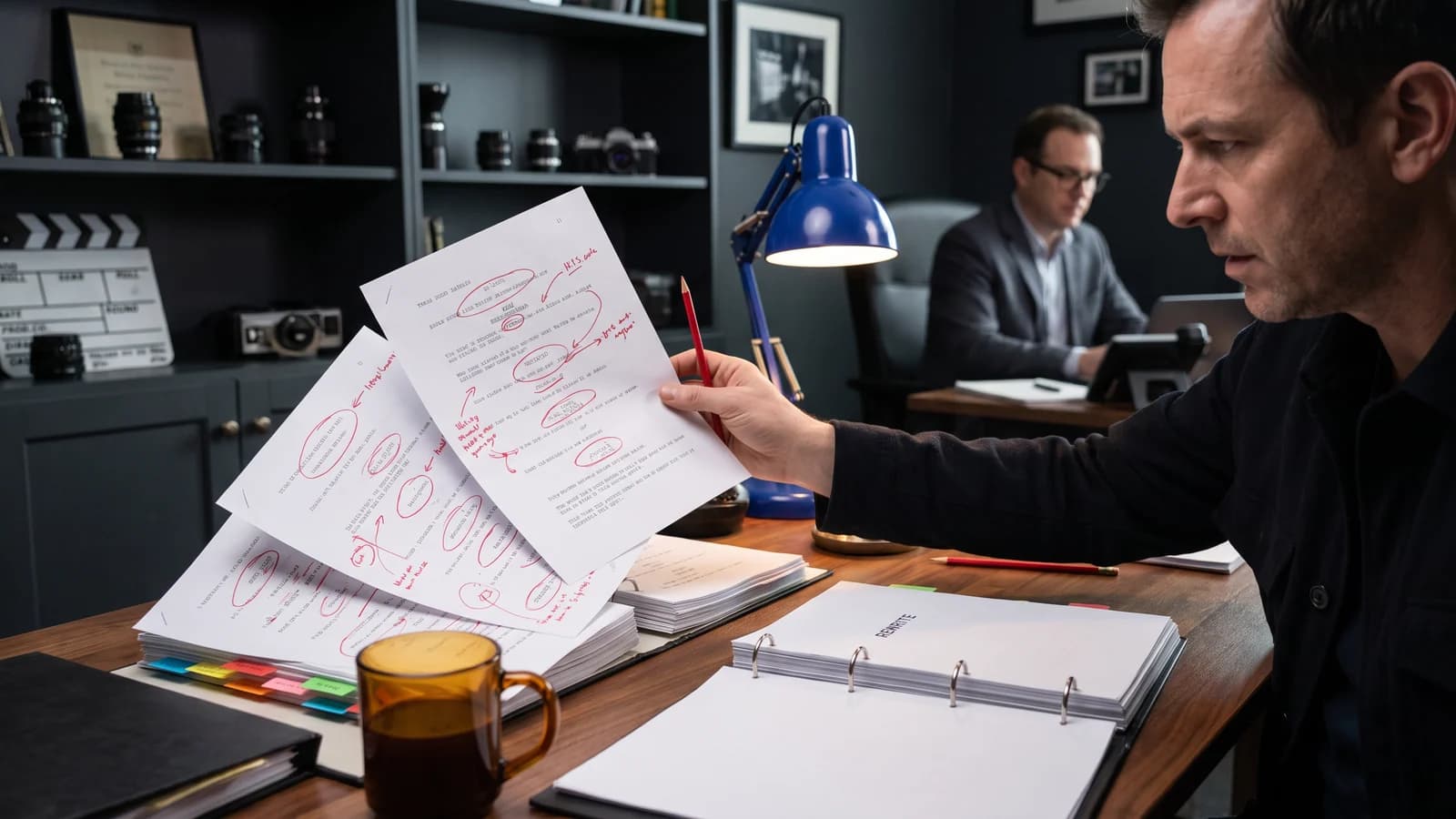 A screenwriter catching common screenplay problems during a lively rewrite