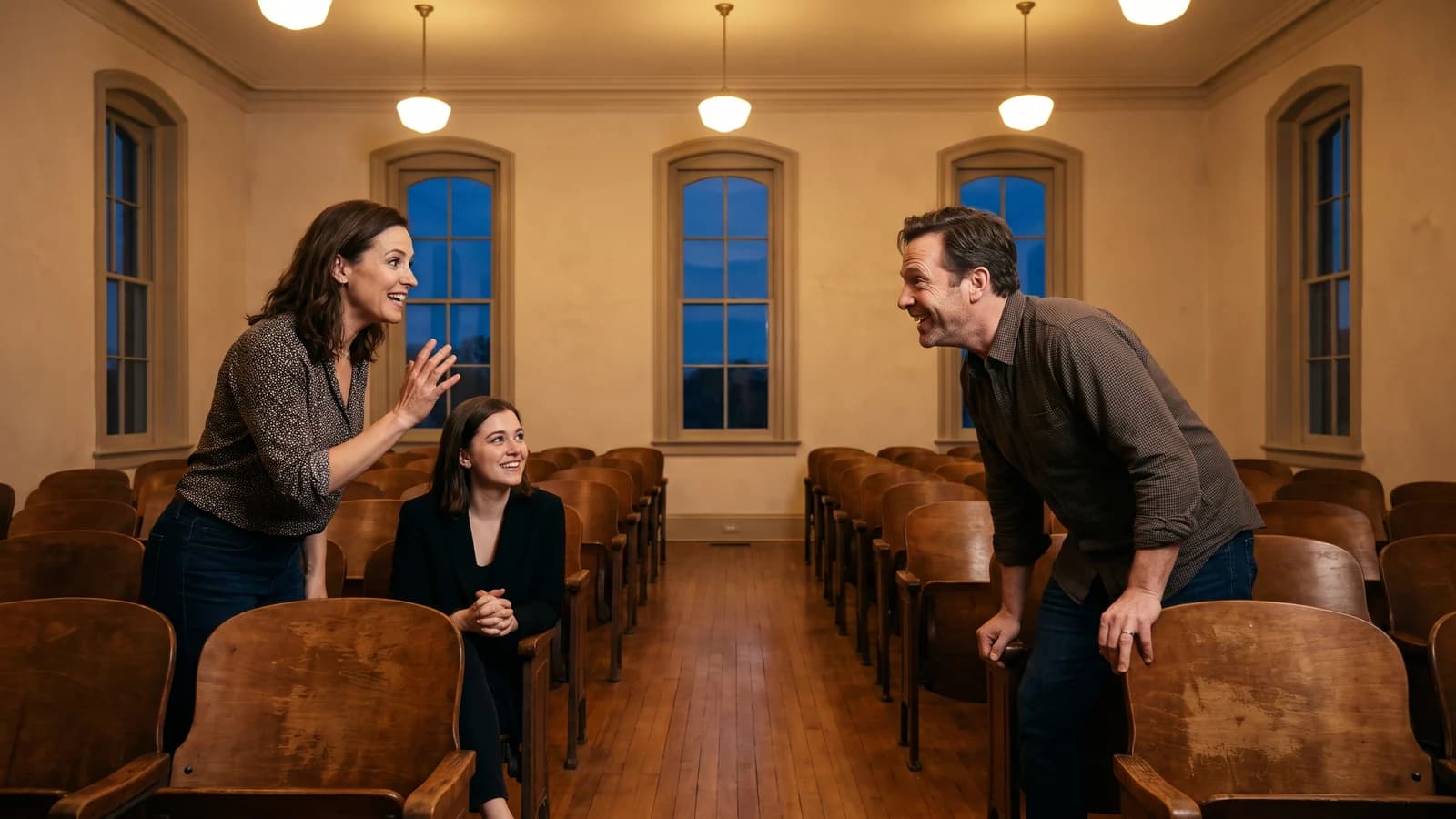 A writer and two actors test opposing versions of the same charged scene in a rehearsal room