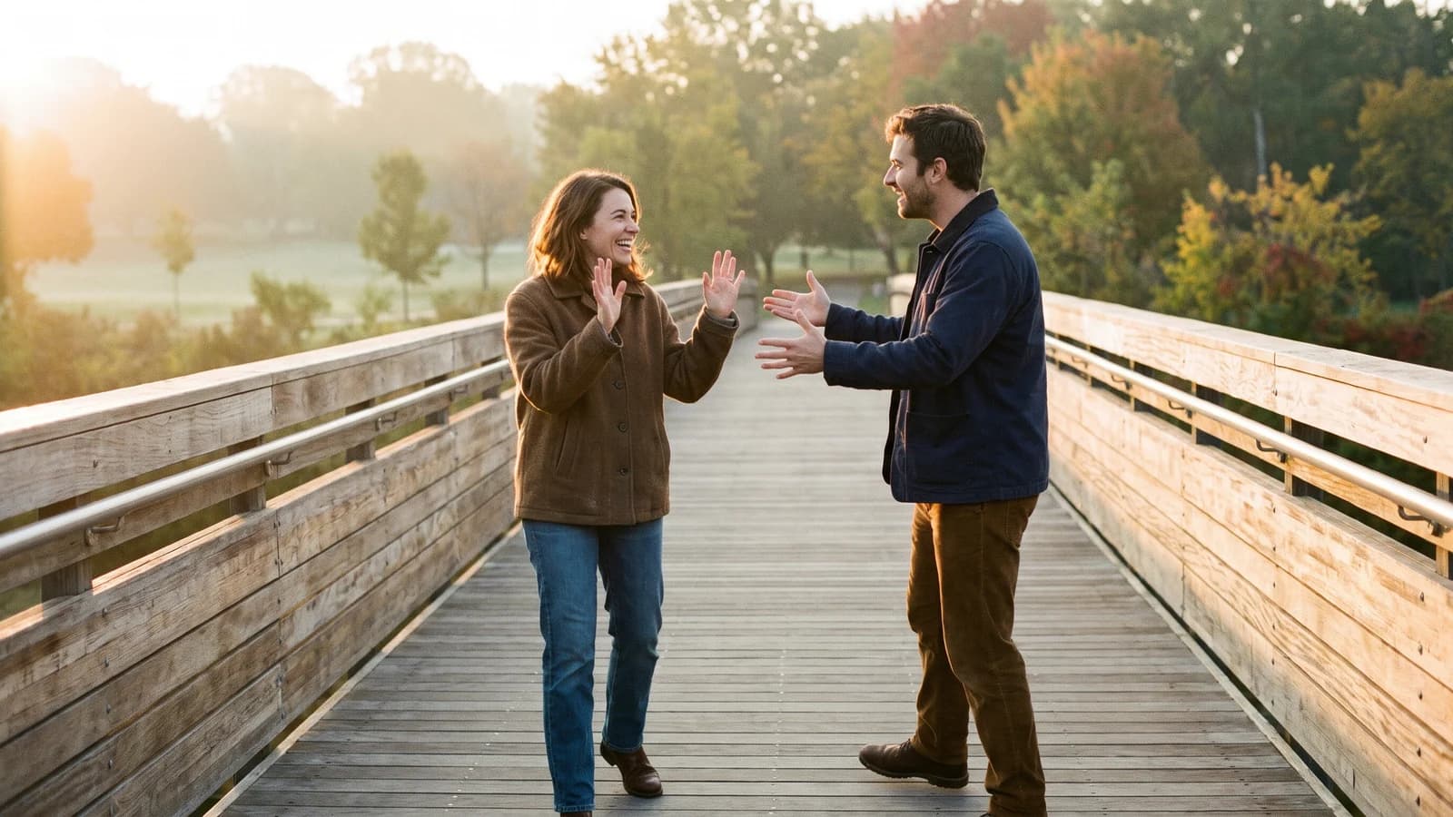 Two screenwriters debate a scene while walking through a bright rehearsal space