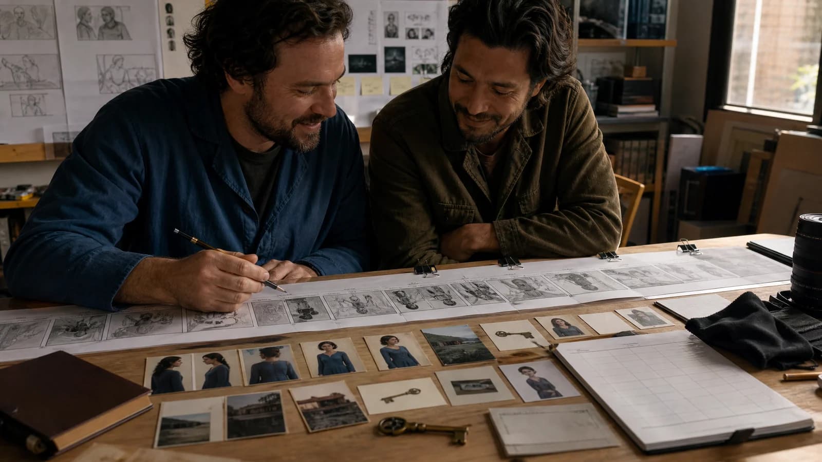 Director and cinematographer checking AI storyboard frames against consistent character, prop and location references