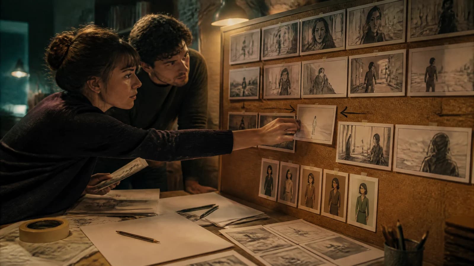 Filmmaker and screenwriter refining a sequence of AI storyboard frames into a clear shot plan