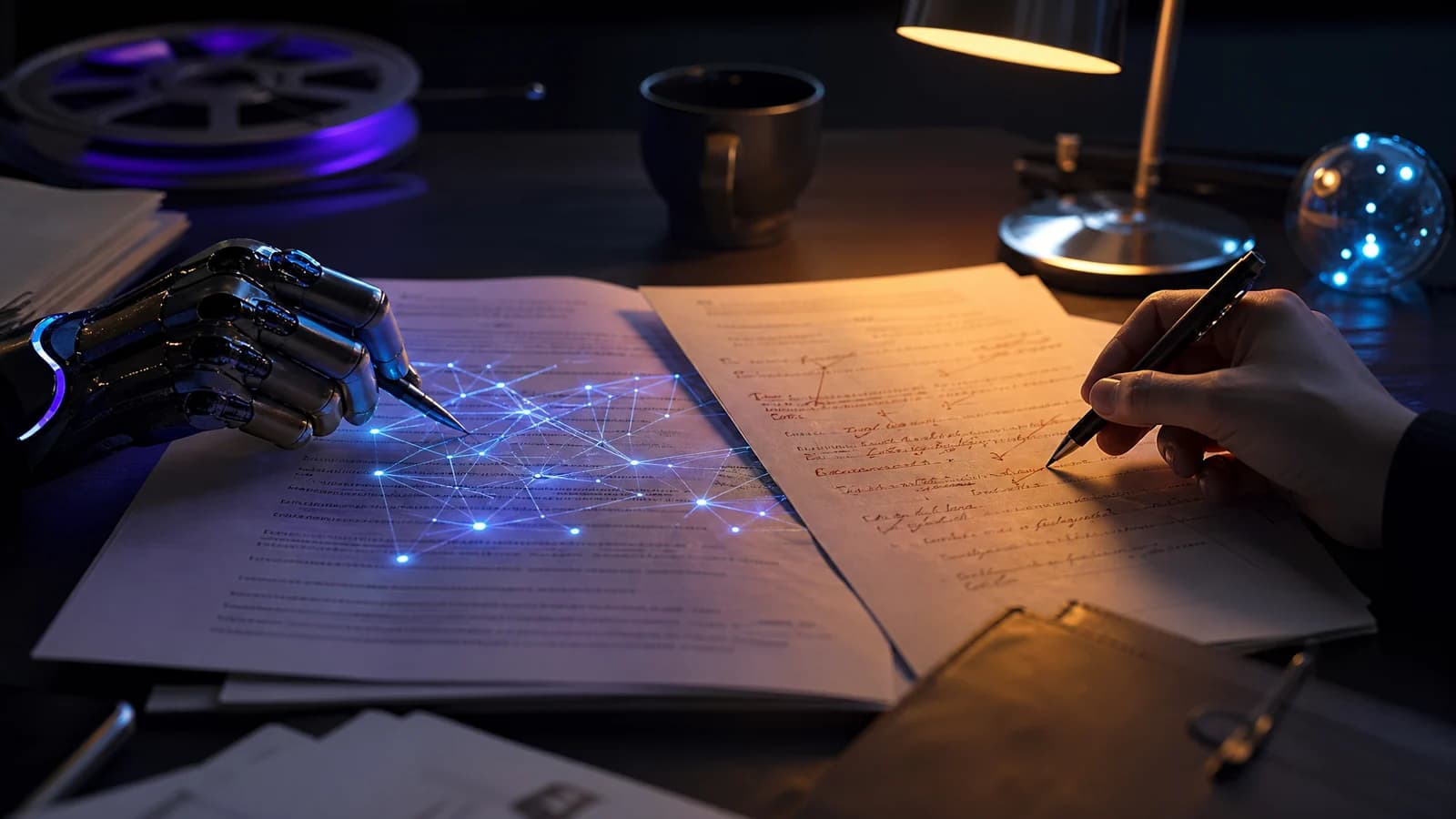 A screenplay receiving complementary AI and human feedback