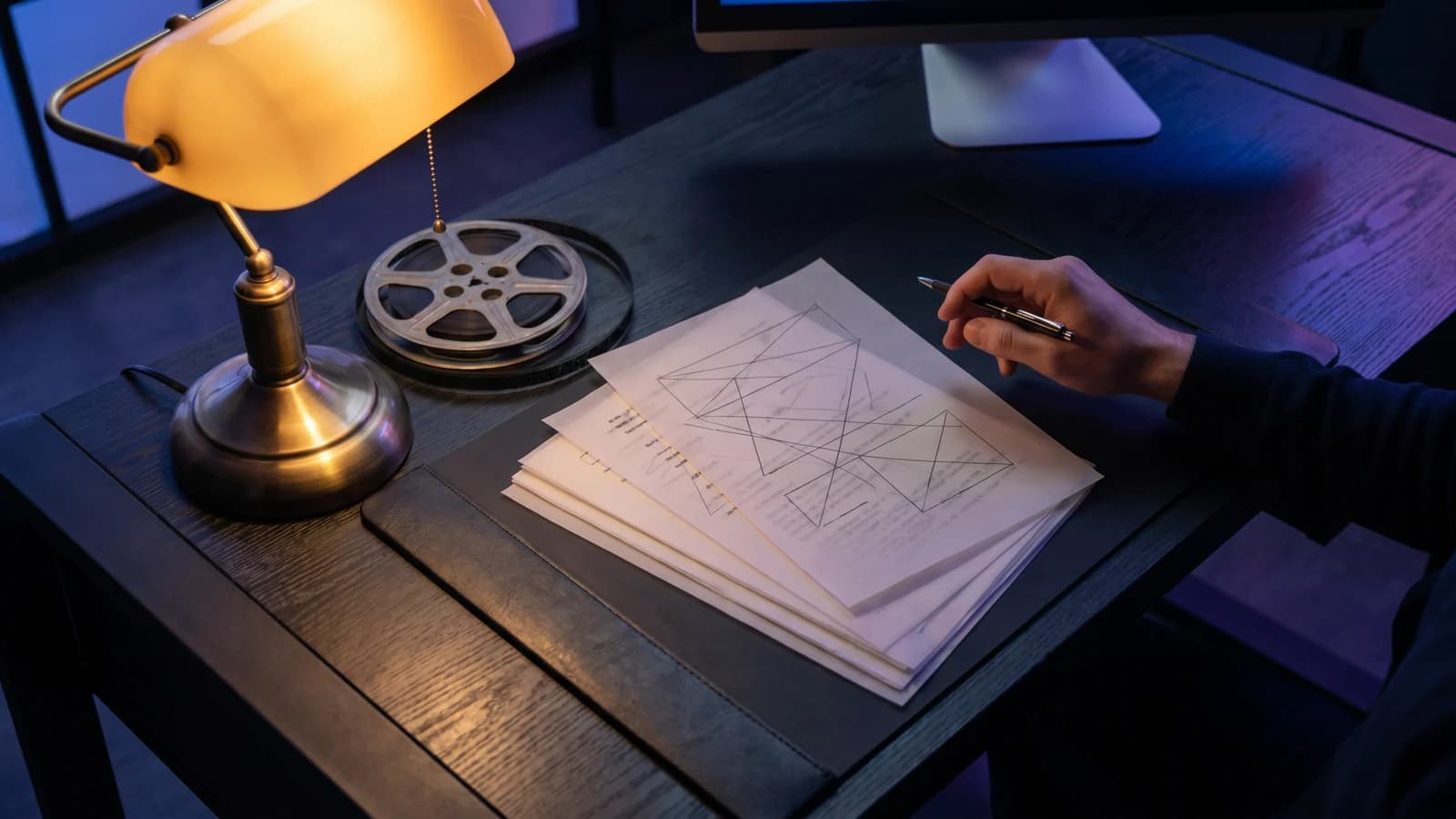 Screenwriter comparing several AI script coverage reports on a cinematic desk
