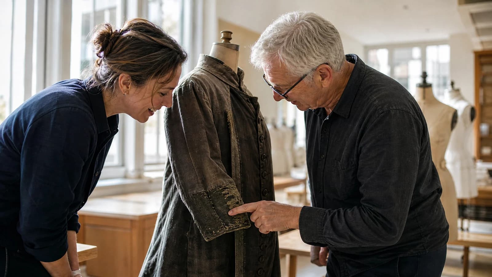 A screenwriter and costume historian examine the wear on an old coat to find a specific character detail