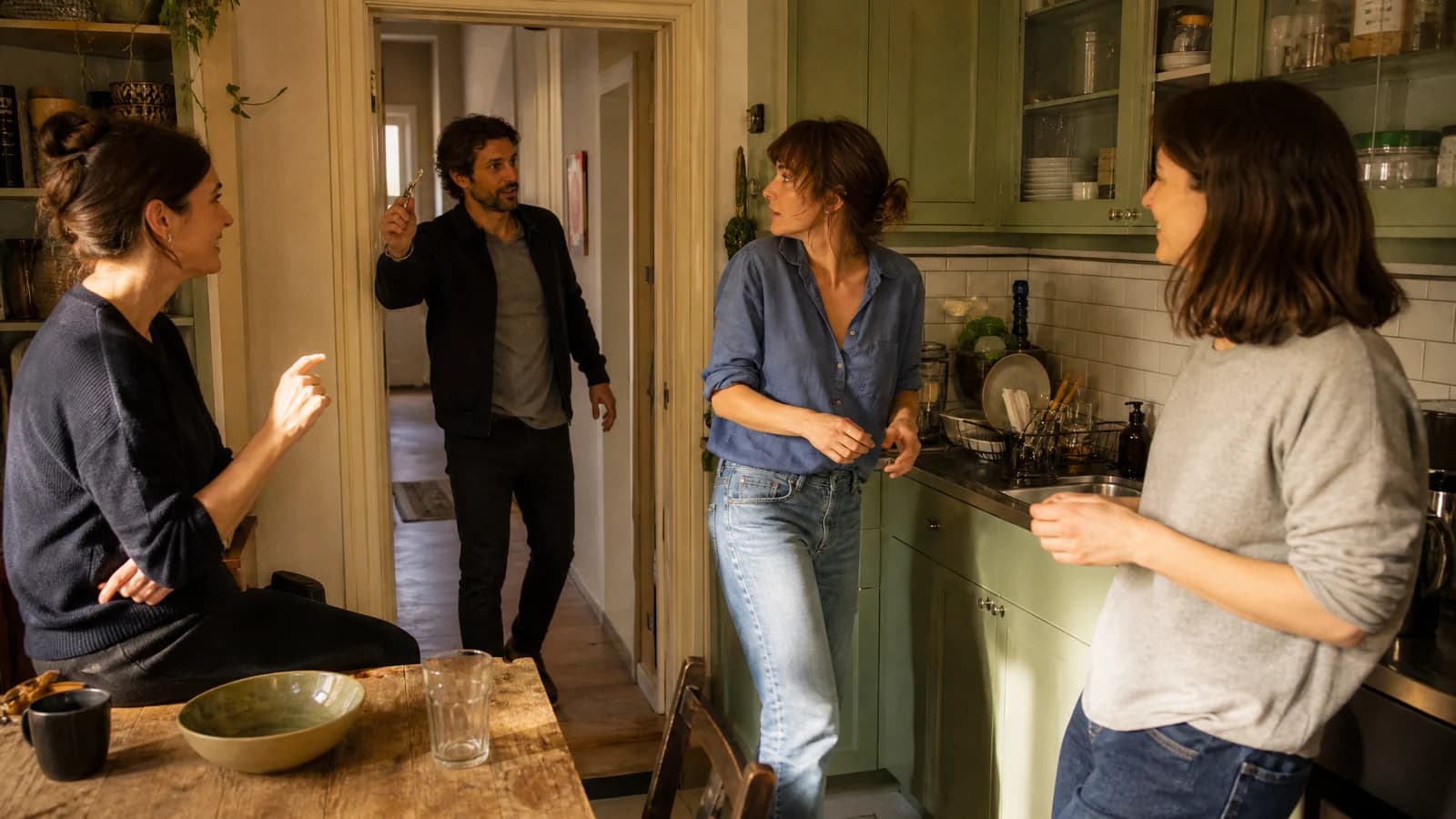 A screenwriter and director test whether a scene can begin later during an energetic rehearsal