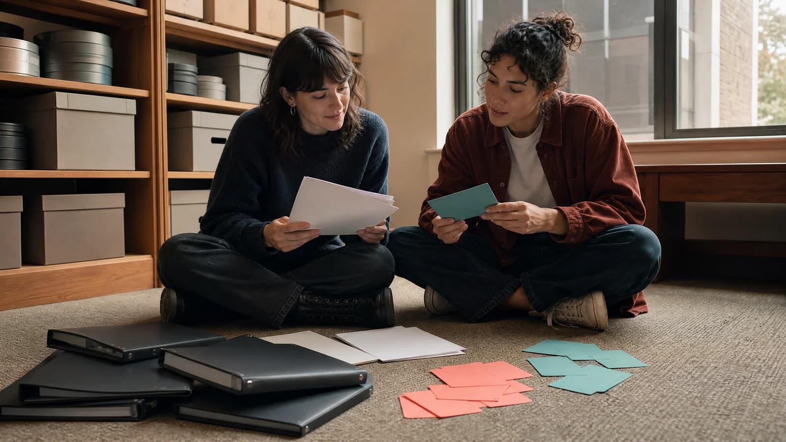 Two emerging screenwriters comparing produced scripts and story cards while shaping distinct portfolio samples