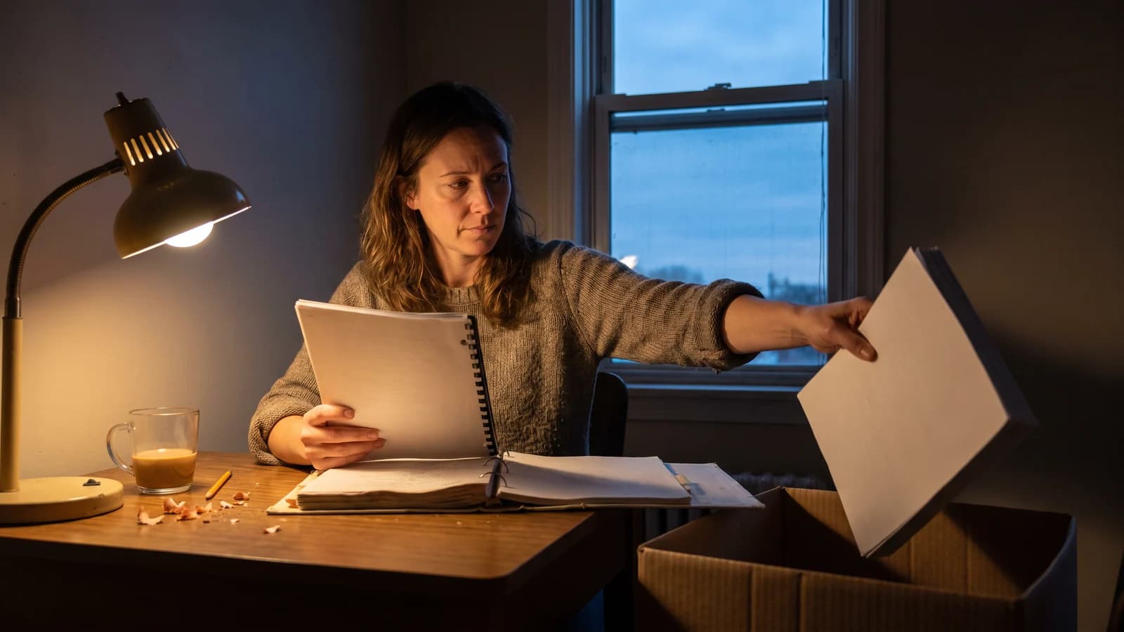 A screenwriter decisively removing an entire sequence from a marked-up screenplay during a dawn rewrite