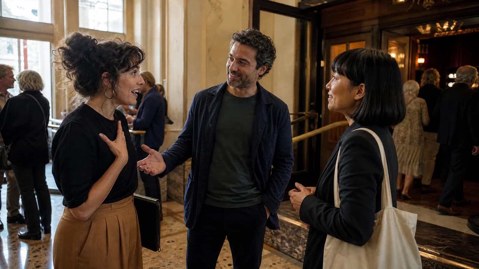 A producer introducing a screenwriter to an acquisitions executive after a small film festival screening