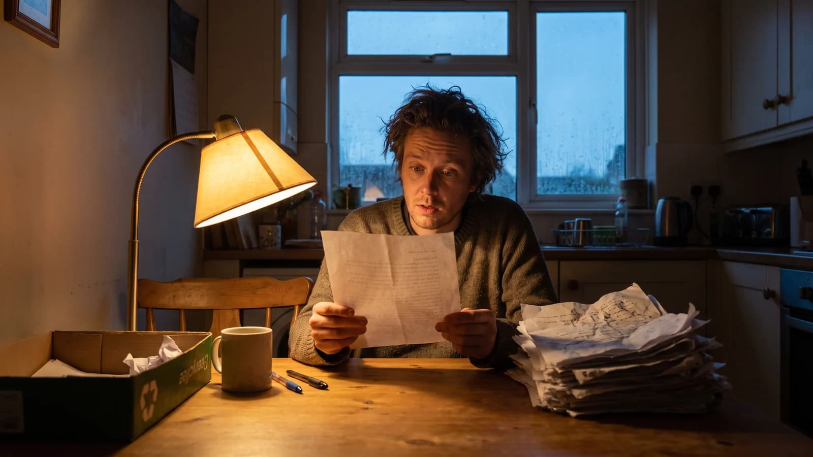 A screenwriter cutting a long draft summary down to one decisive page at a kitchen table