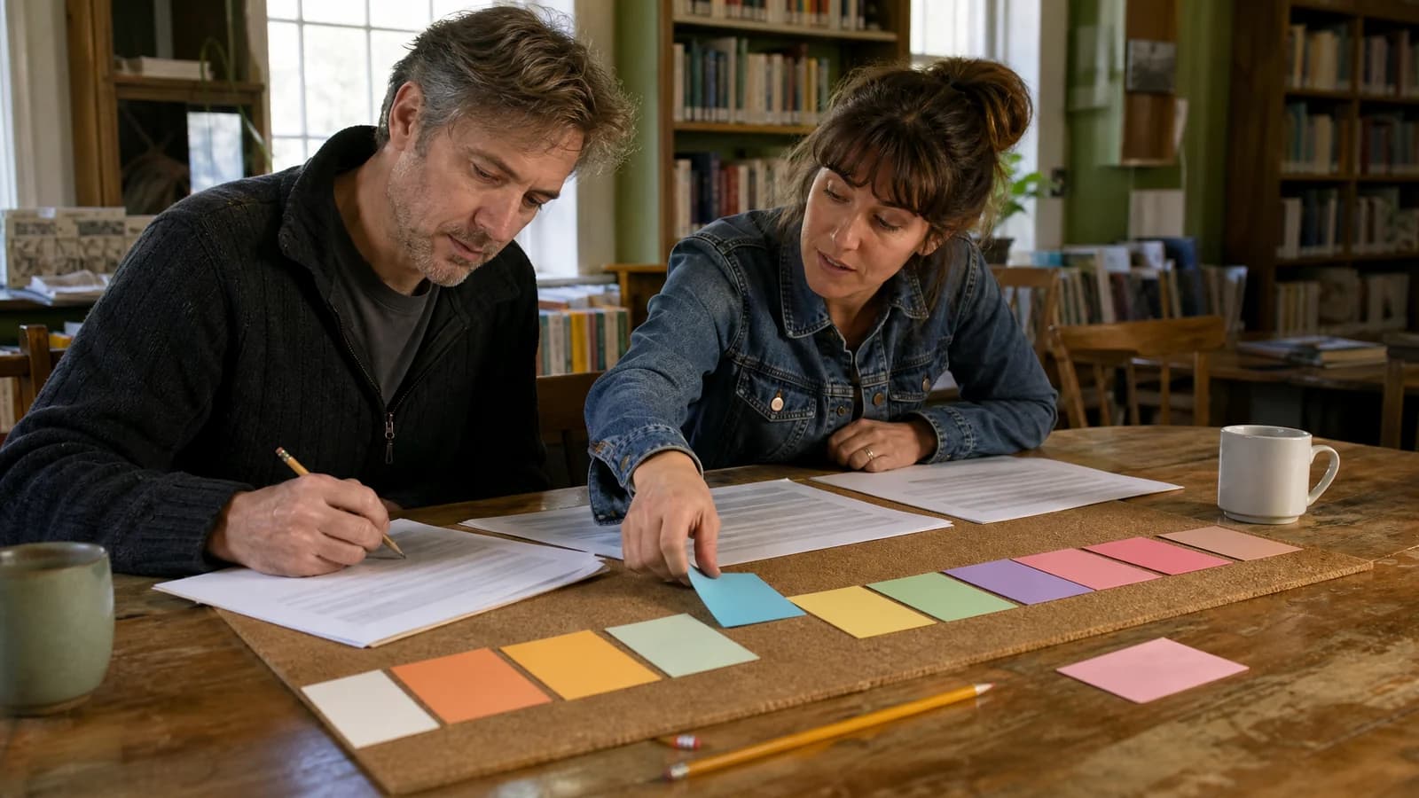 A screenwriter and collaborator testing a screenplay treatment by tracing its major story turns