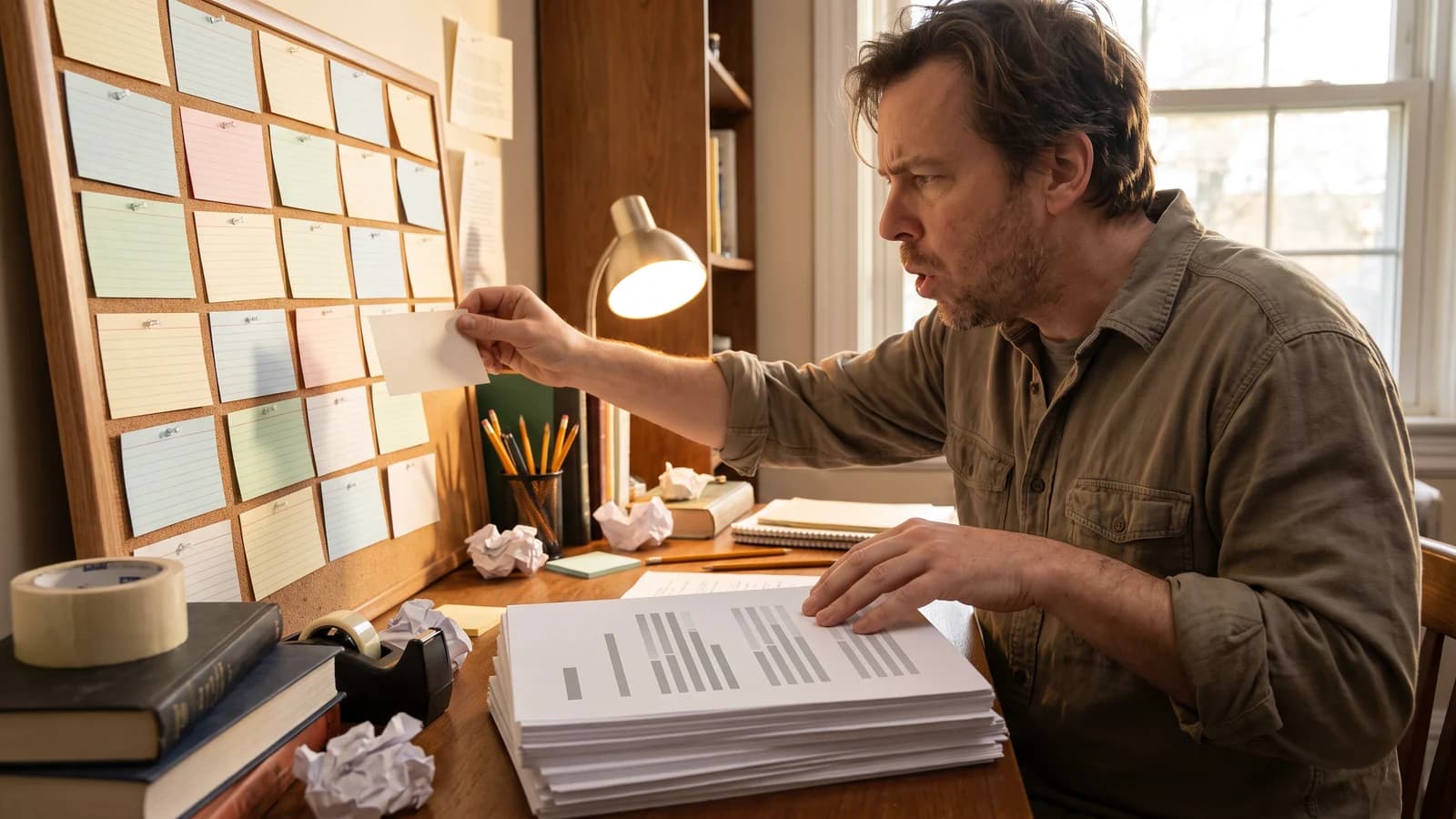 Screenwriter shaping a complete movie treatment from a wall of story beats