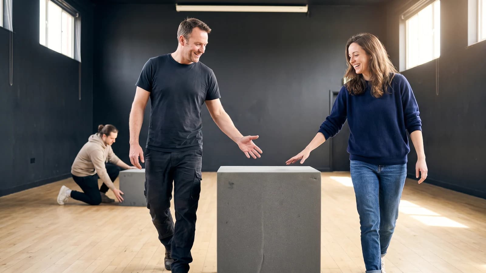 A stunt coordinator and screenwriter enthusiastically work through the physical beats of a chase in a bright rehearsal studio