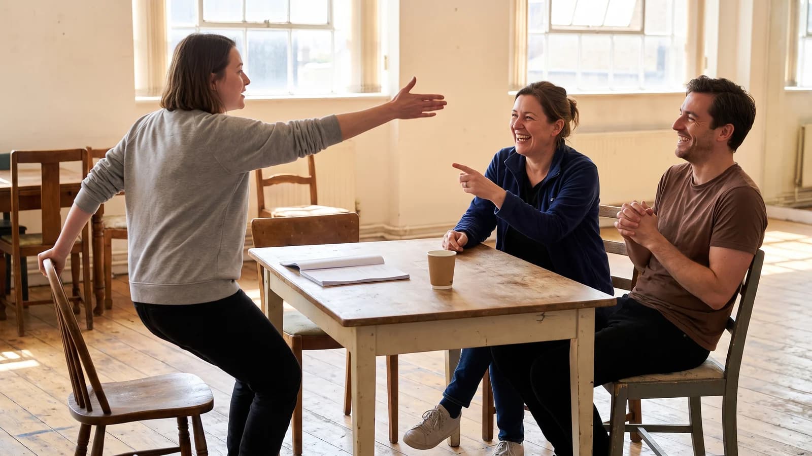 A screenwriter energetically reading an action sequence aloud while two collaborators picture the scene