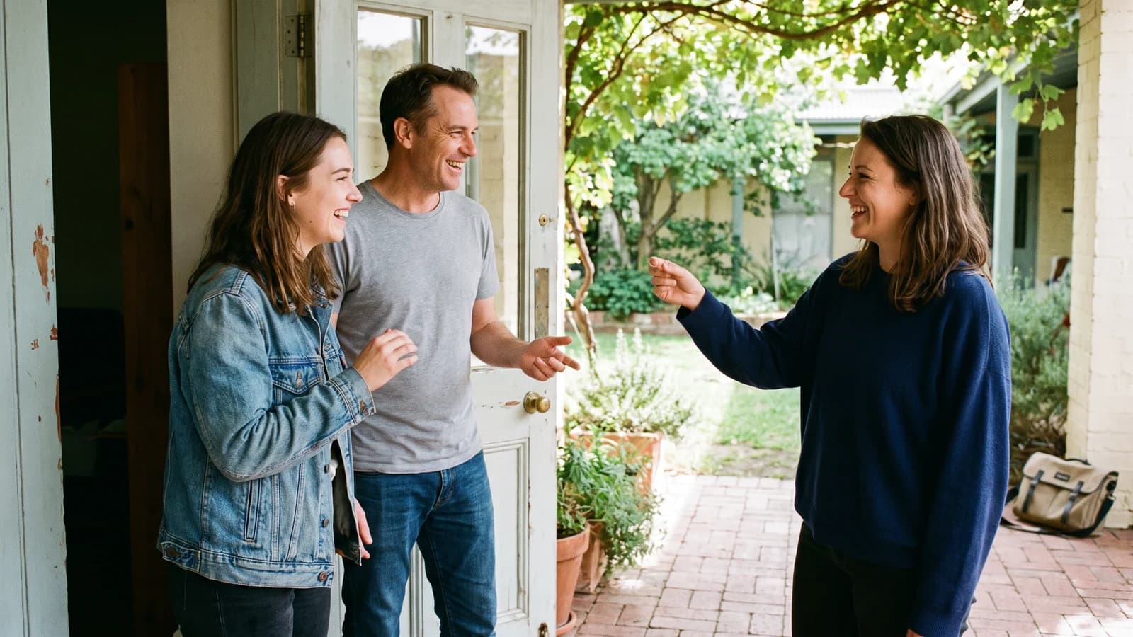 A pair of screenwriters and a director testing a collaborative scene choice during a location rehearsal