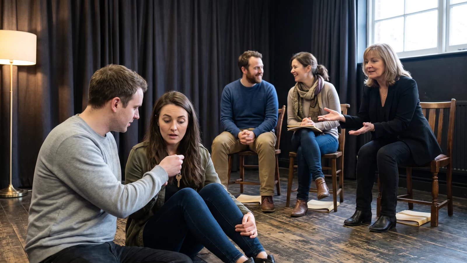 Two screenwriters and a director watching actors test a rewritten scene in a black-box theater