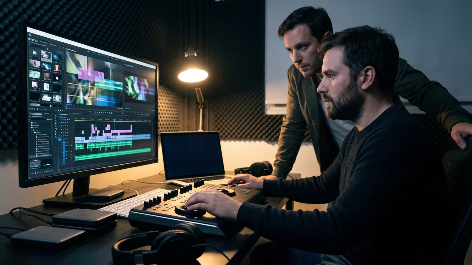 A writer-director and producer reviewing the human and generated layers of an AI-assisted film in an edit suite