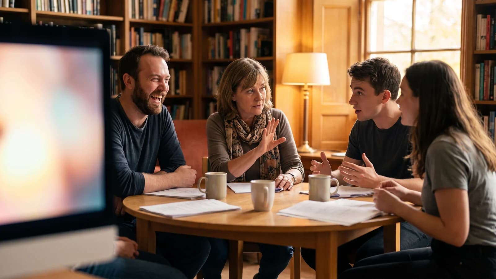 A screenwriter and two performers reshape a scene through movement and conversation in rehearsal