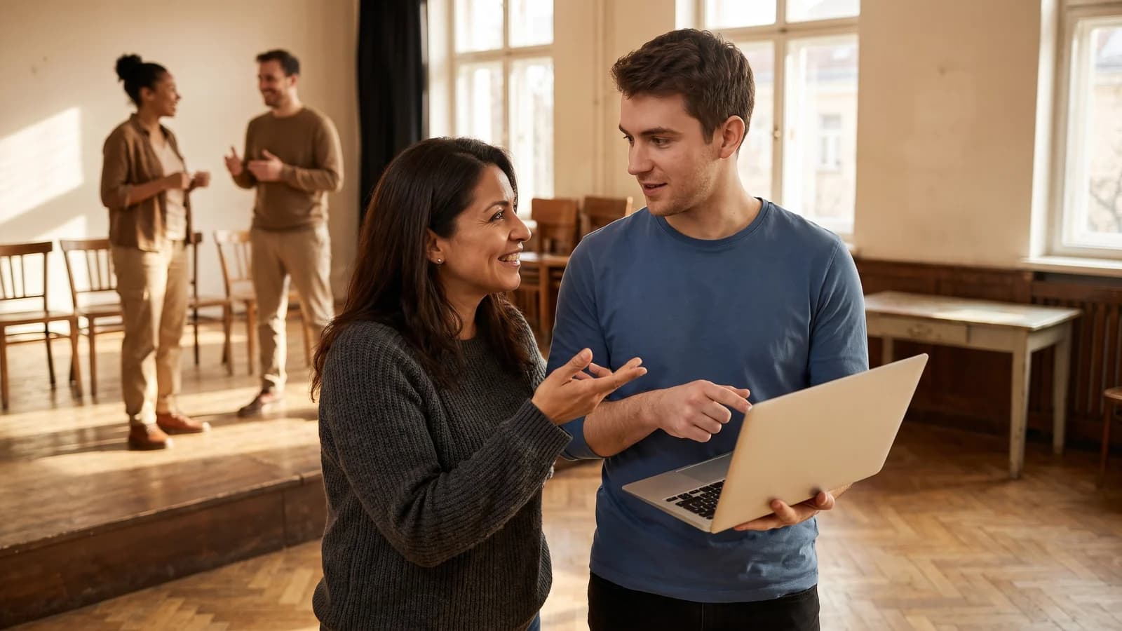 A screenwriter and script coordinator catch a revision handoff issue during a relaxed rehearsal