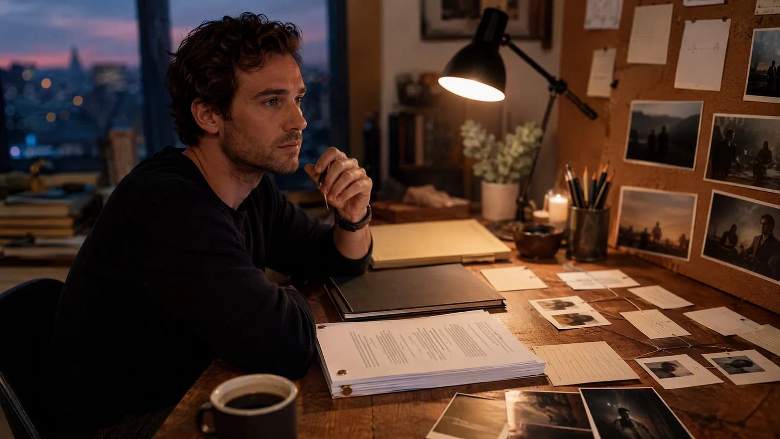 Emerging screenwriter preparing a focused representation package at a working film-industry desk