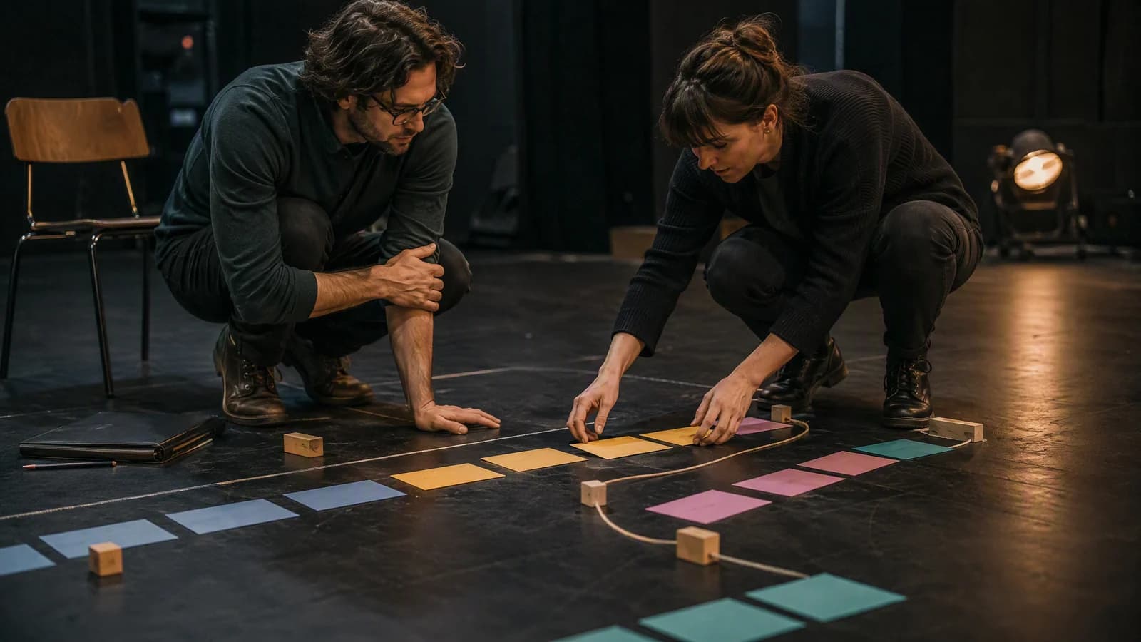 Screenwriter and collaborator testing an escalating screenplay beat sheet with flexible story cards