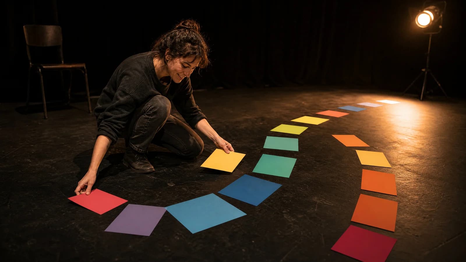 Screenwriter arranging a flexible path of story beats across a rehearsal stage