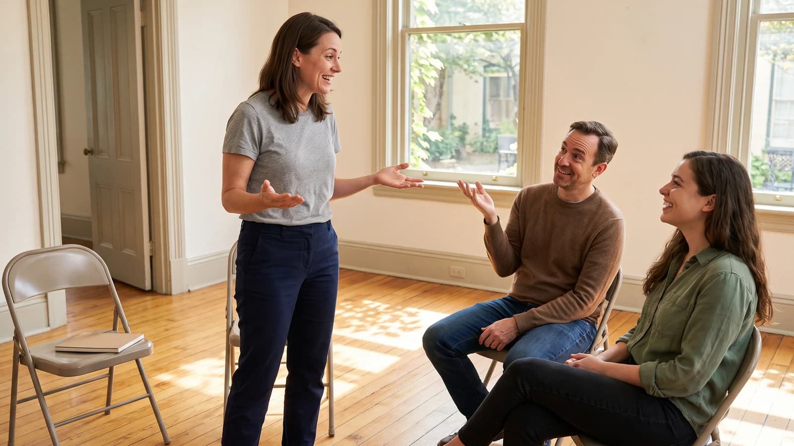 A screenwriter rehearses a movie pitch with two trusted collaborators in a sunlit arts space