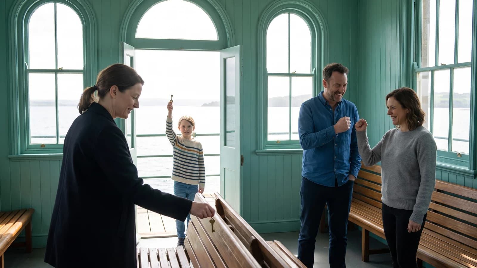A screenwriter and director watch adult and child performers match a brass-key gesture across an old ferry waiting room