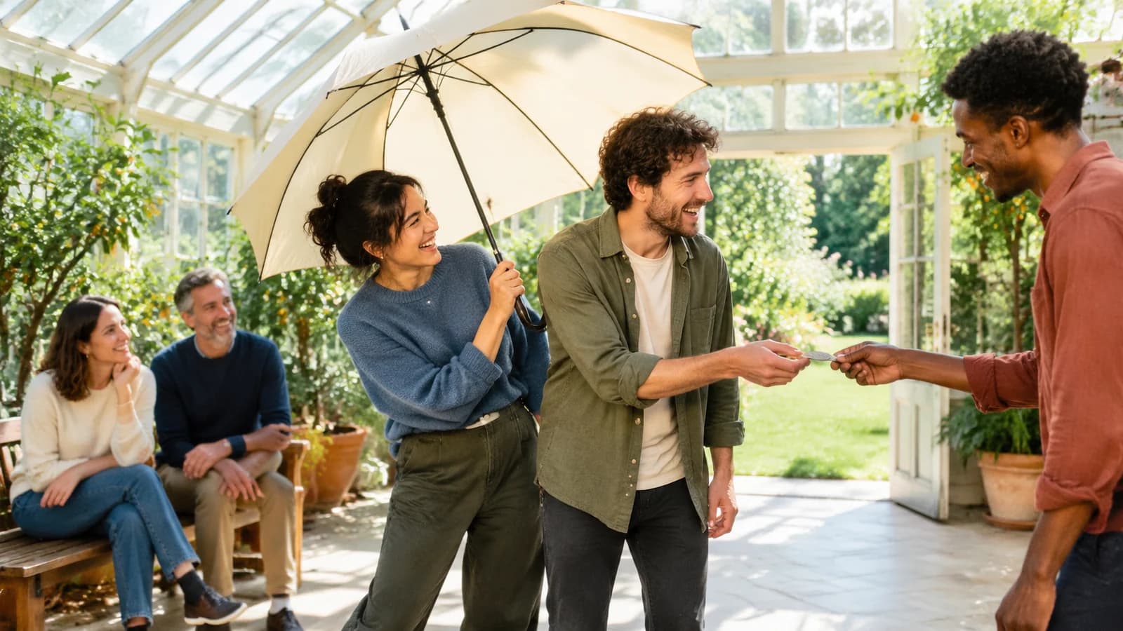A director and screenwriter watch two actors rehearse the same gesture with opposite meanings