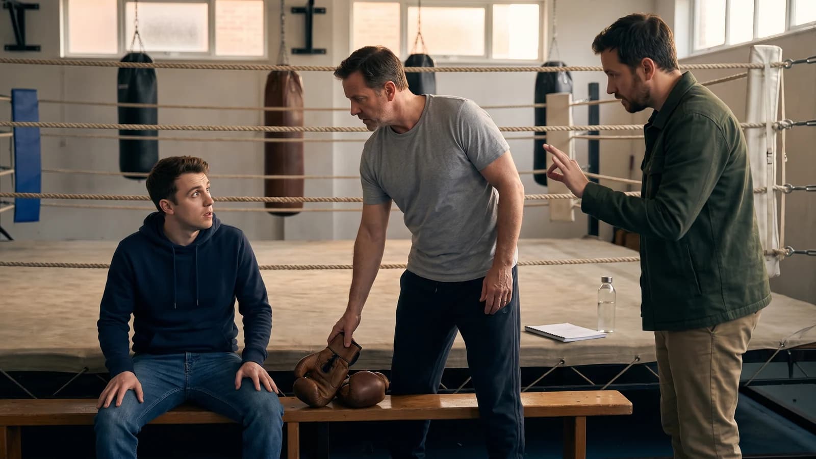A screenwriter and two actors test a scene's power shift inside a quiet neighborhood boxing gym