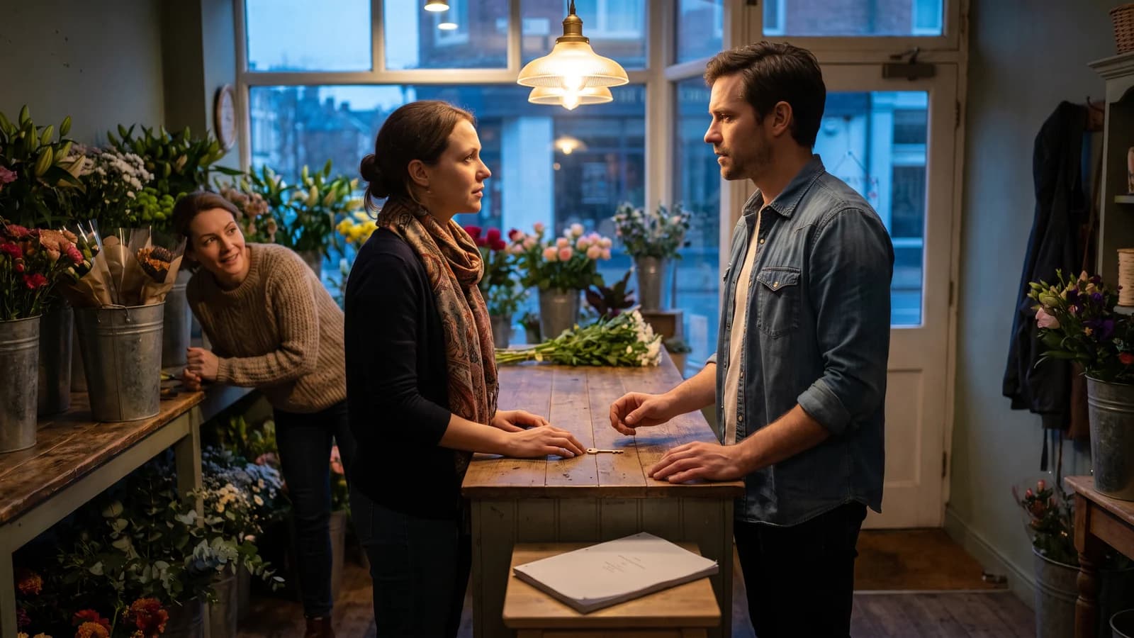 Two actors rehearse a tense favor at an after-hours flower shop while their screenwriter sees the scene turn
