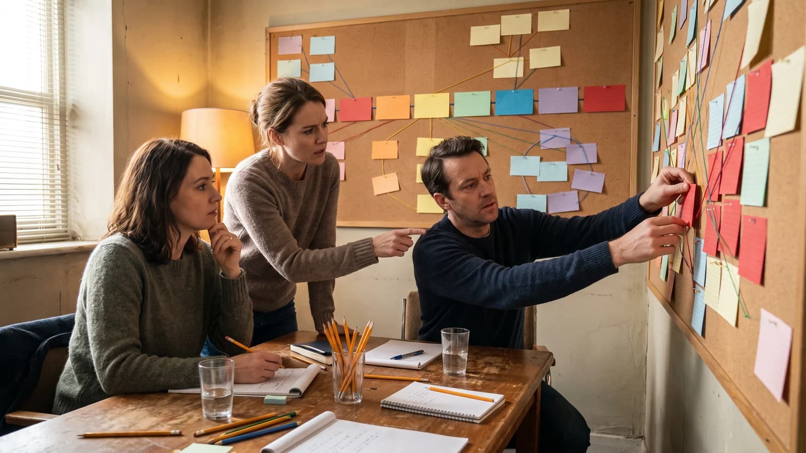Television writer and collaborators pressure-testing the episode arc and future story engine with visual story cards