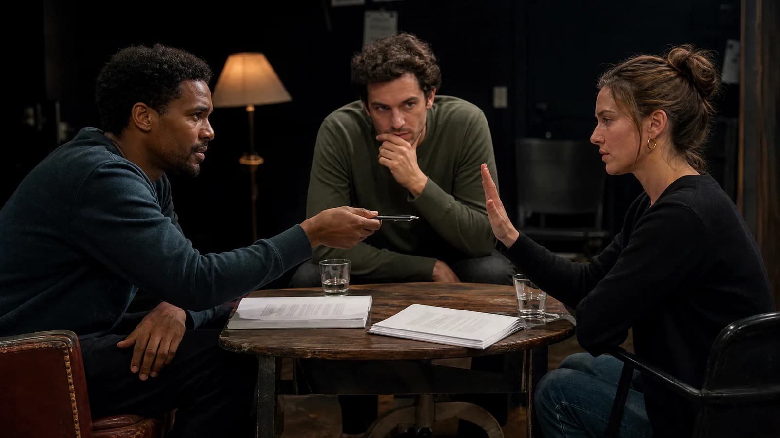 Screenwriter listening as two actors discover the tension hidden inside a dialogue scene