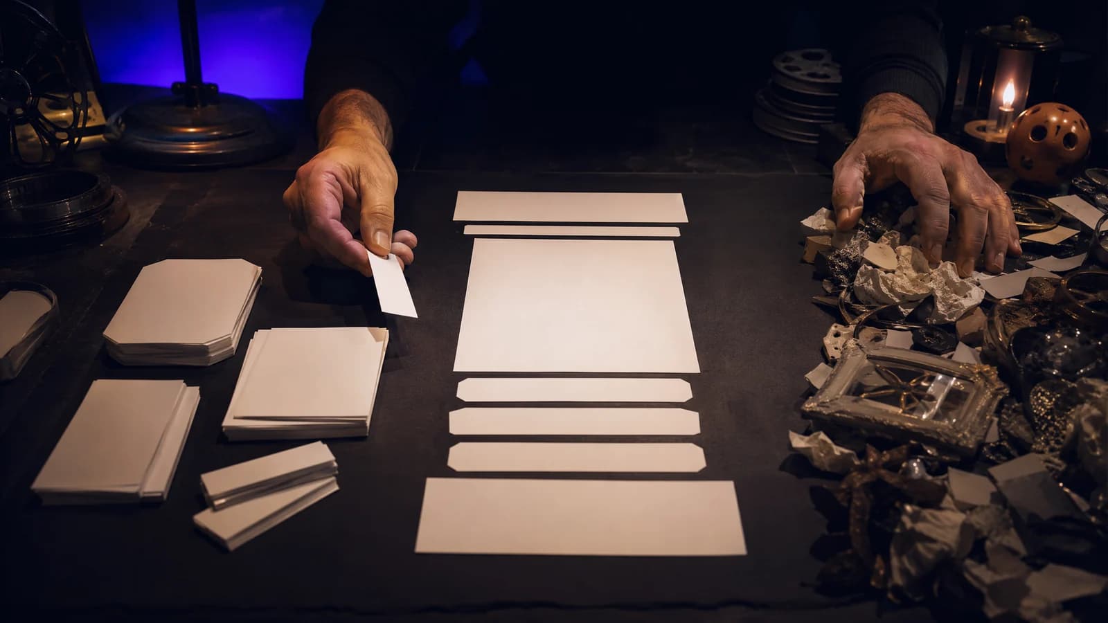 A writer using blank scene blocks, character markers and visual beats to build an easy-to-read screenplay page