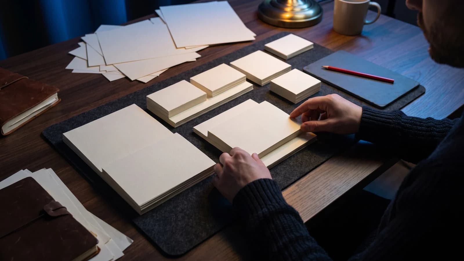 A screenwriter arranging blank screenplay elements into a clean cinematic page structure