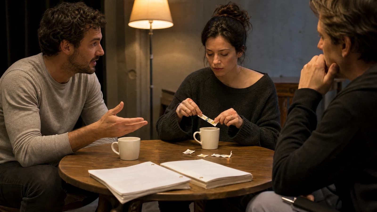 An actor tears open a third sugar packet but drinks the coffee black while a screenwriter recognizes the hidden betrayal