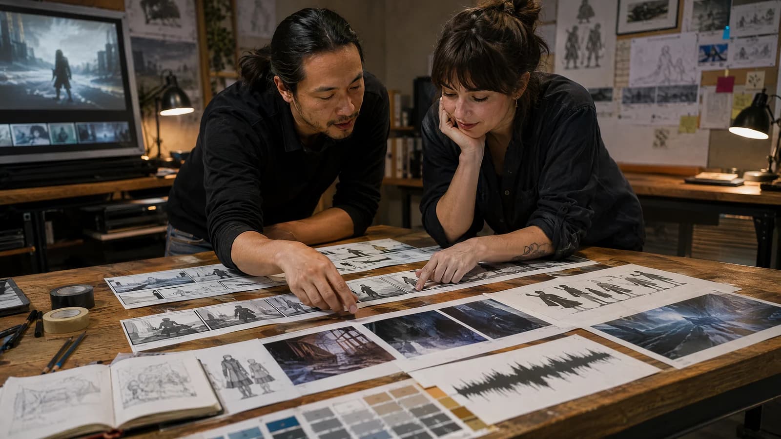 A director and collaborator refining an AI film animatic with storyboard frames and continuity references