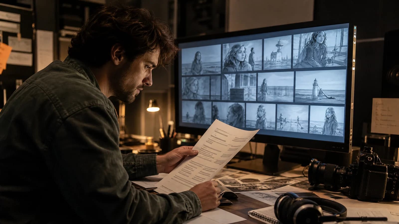 An independent filmmaker mapping screenplay pages into a sequence of cinematic AI storyboard frames