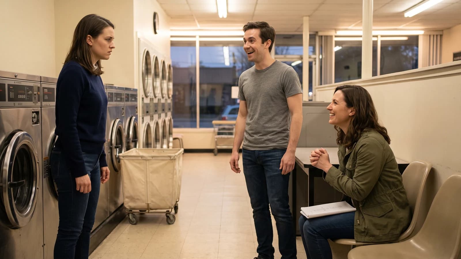 Two actors rehearse a tense scene in a neighborhood laundromat while the screenwriter watches the story become physical