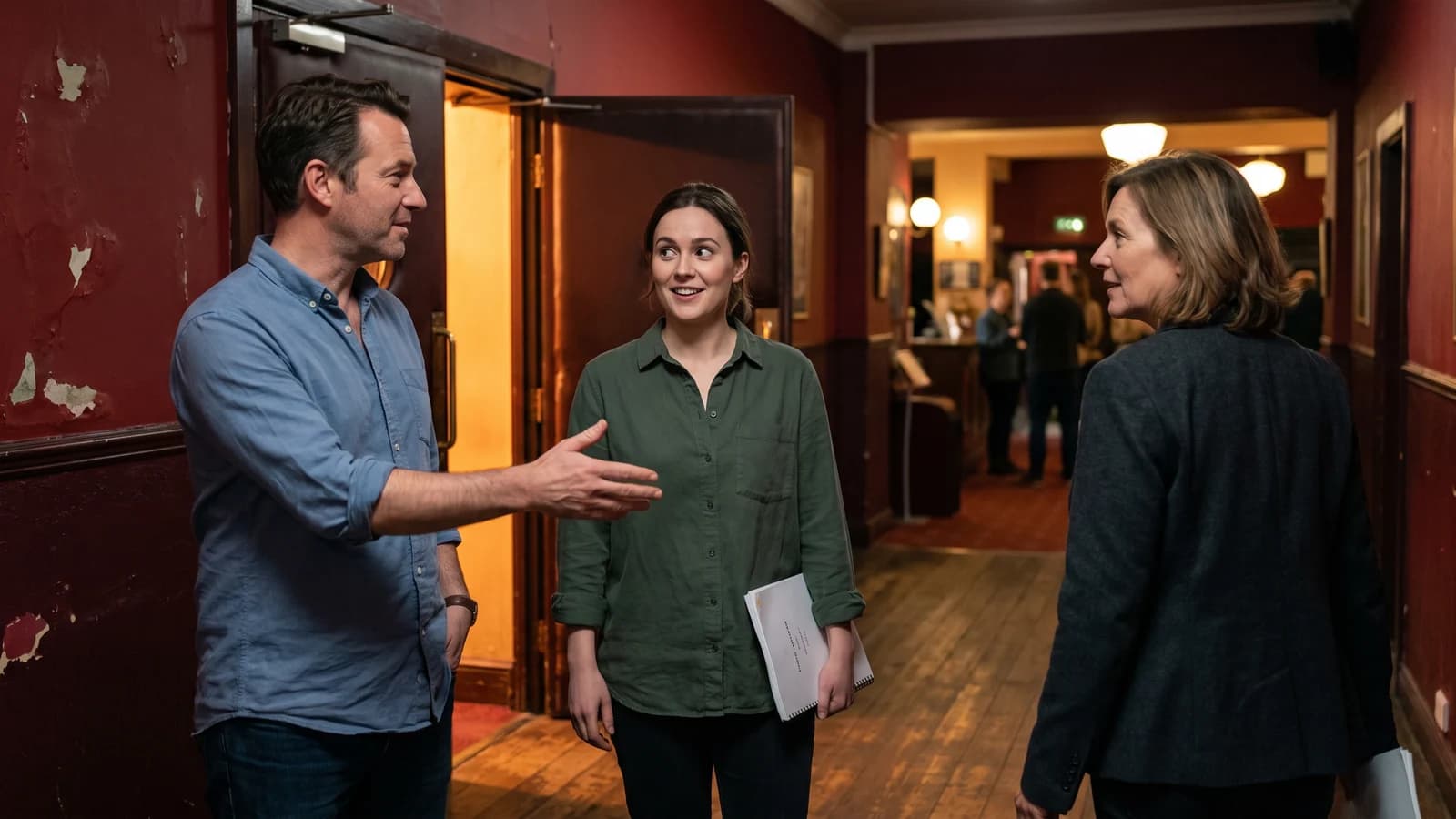 A screenwriter leaves a small screening room as an enthusiastic producer invites her into a new conversation